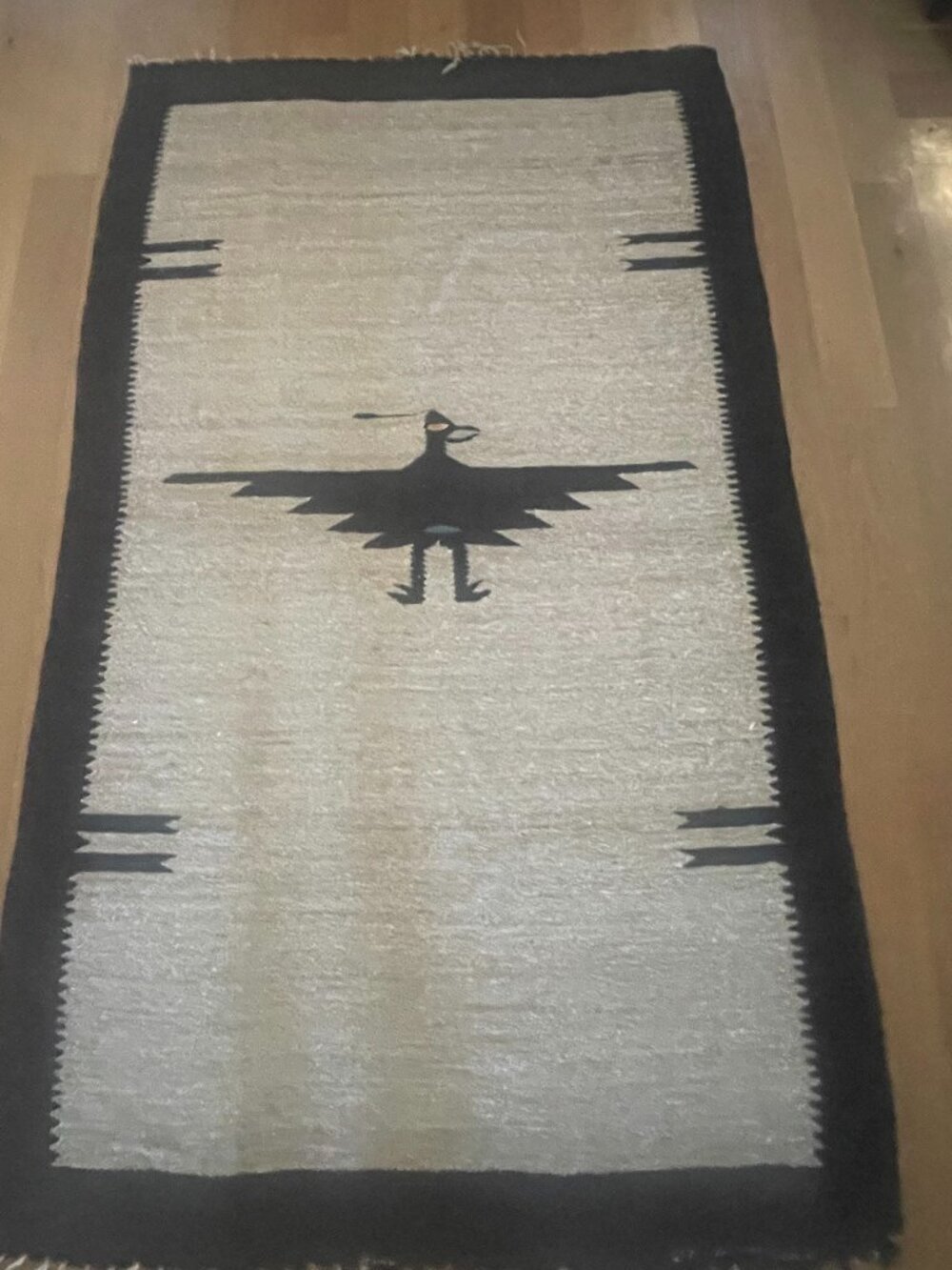 Vintage Mexican Zapotec Handmade Flatwoven Geometric Road Runner Beige Rug
